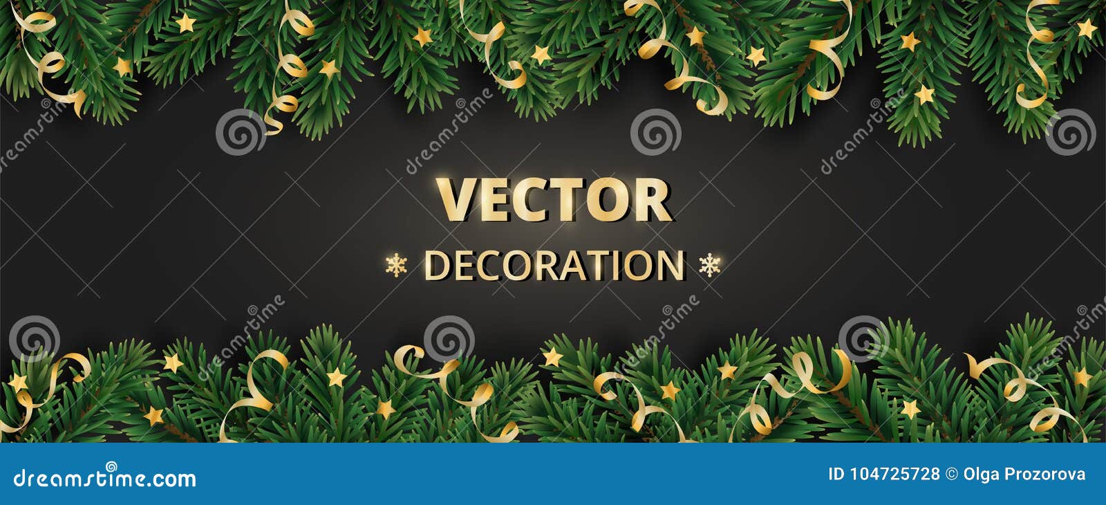 winter holiday background. border with christmas tree branches and ornaments.