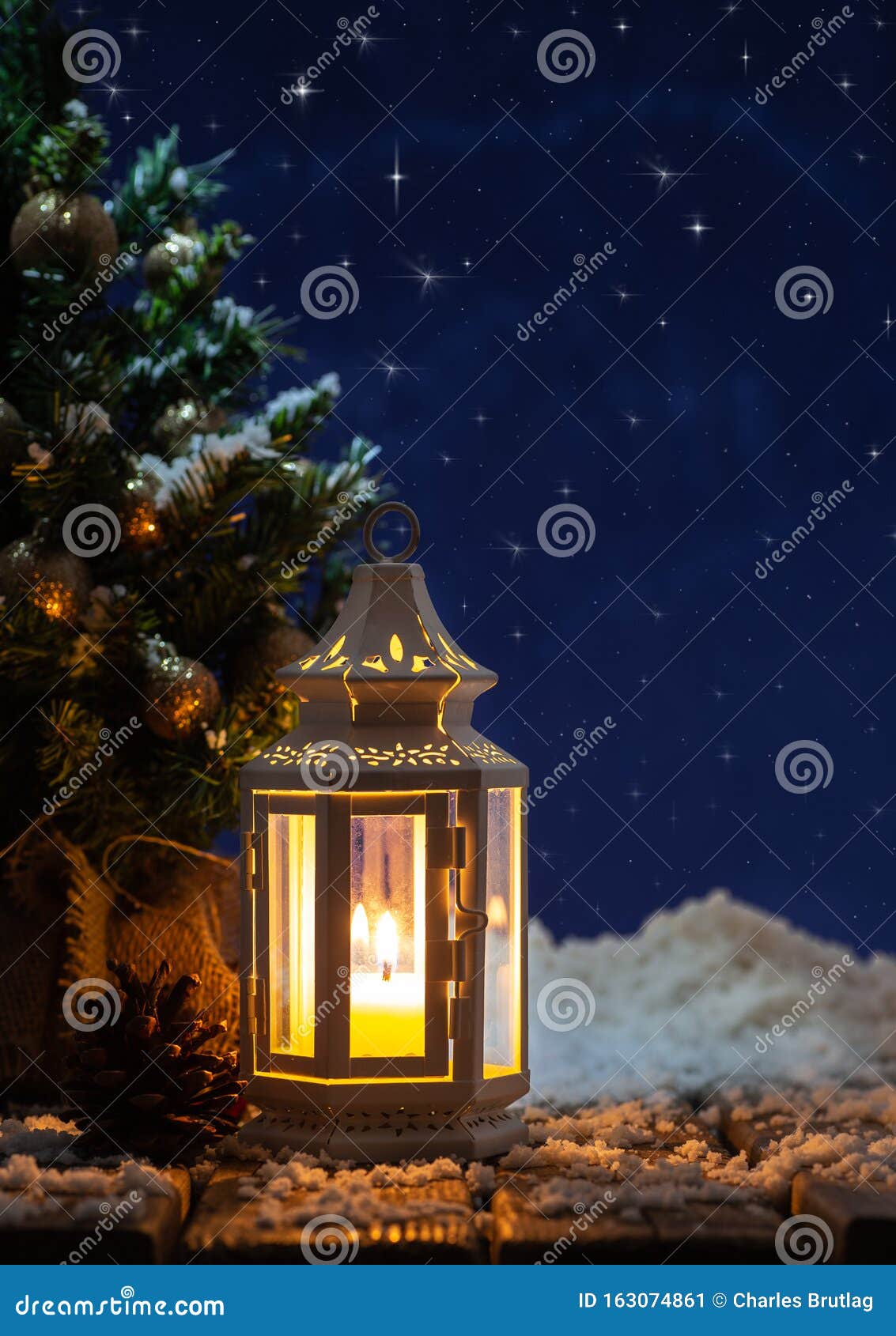 Winter Holiday Scene with Glowing Lantern Stock Image - Image of ...
