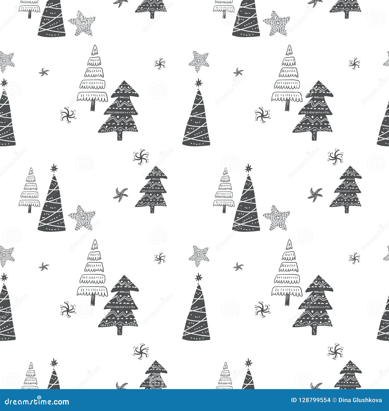 Winter Holiday Seamless Pattern with Doodle Hand Drawn Trees. Stock ...