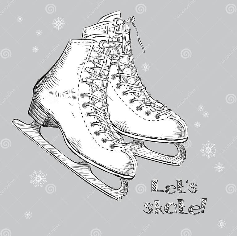 Winter Holidays Card With Ice Skates Cartoon Sketch Hand Draw Vector 