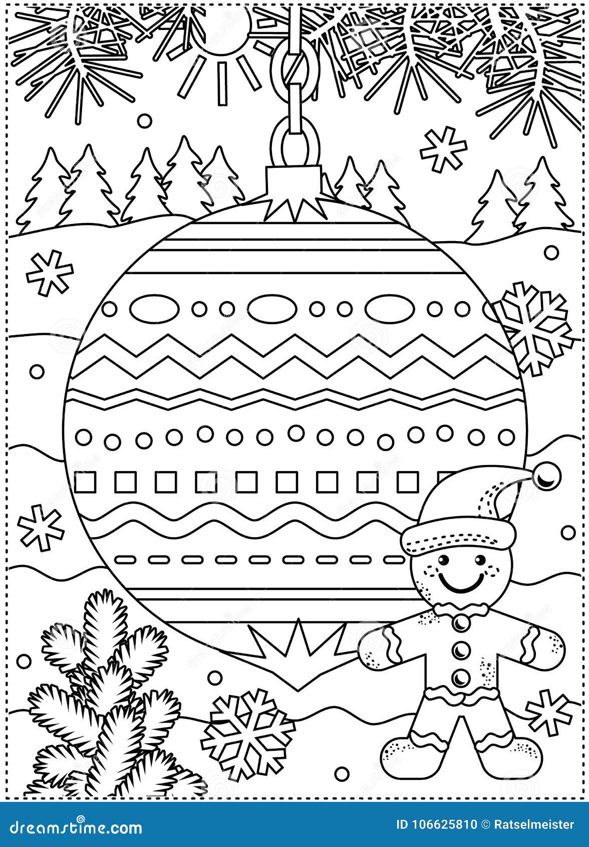 winter holidays coloring page with decorated ornament and gingerbread man