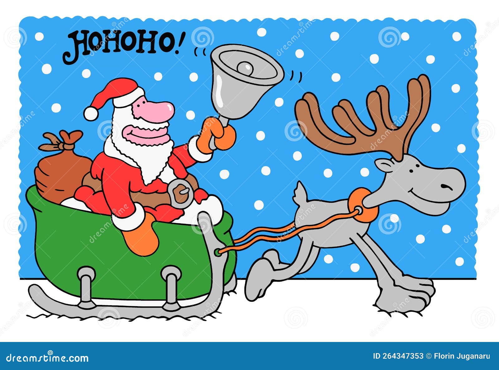 santa arrives with his sleigh pulled by a jolly reindeer with big horns