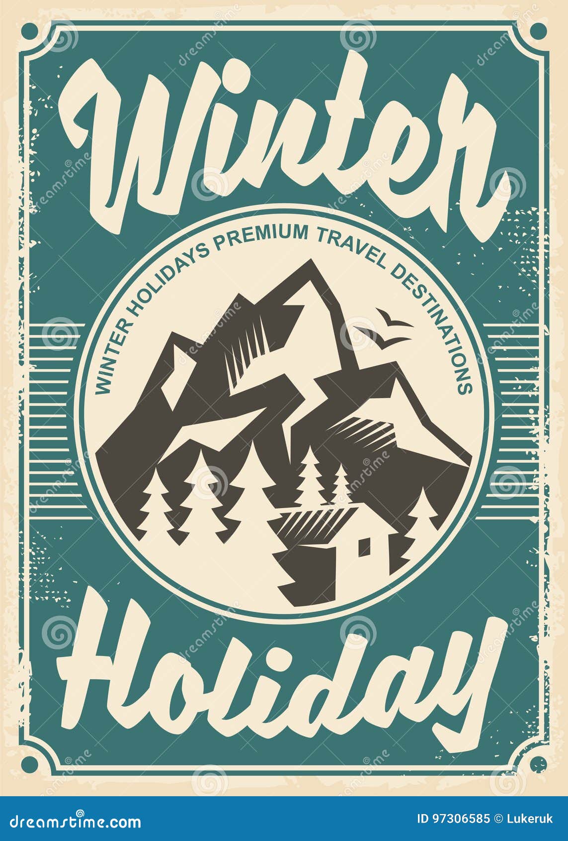 winter holidays travel destinations, retro poster 