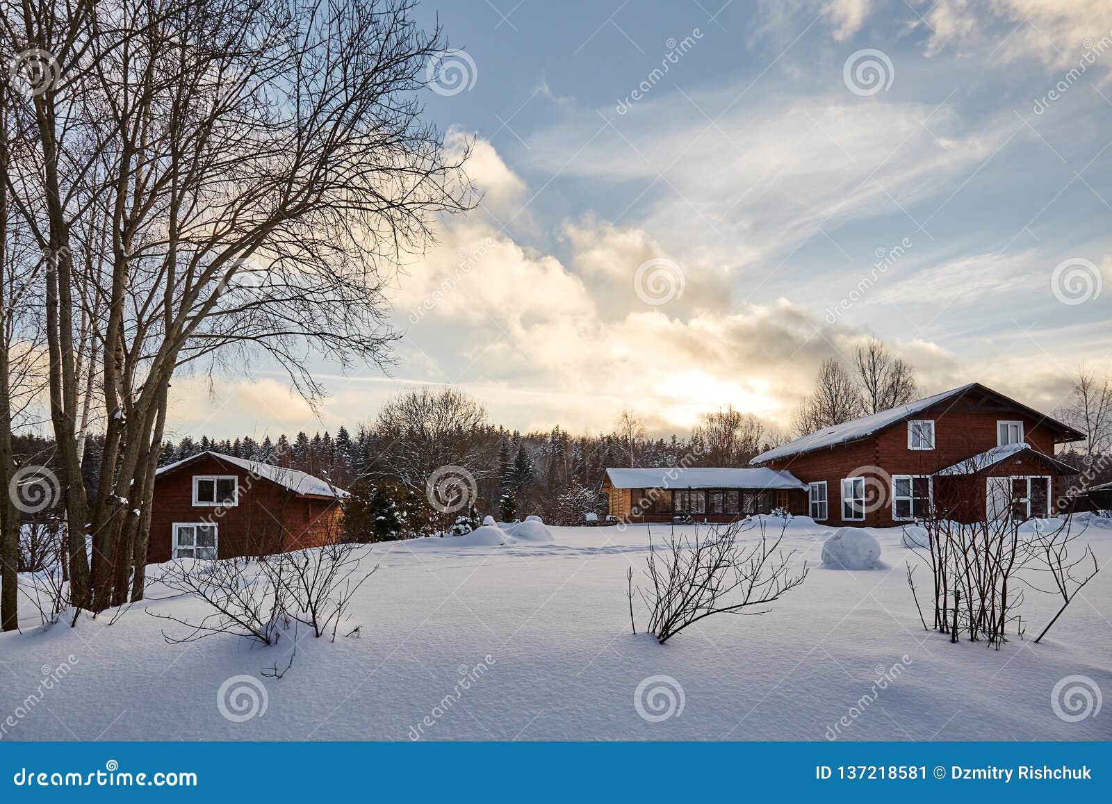 Winter House on Winter Snowy Panoramic Landscape Stock Image - Image of