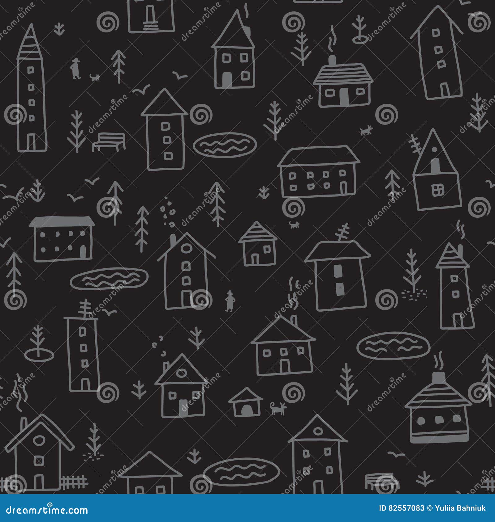 Winter houses seamless pattern black