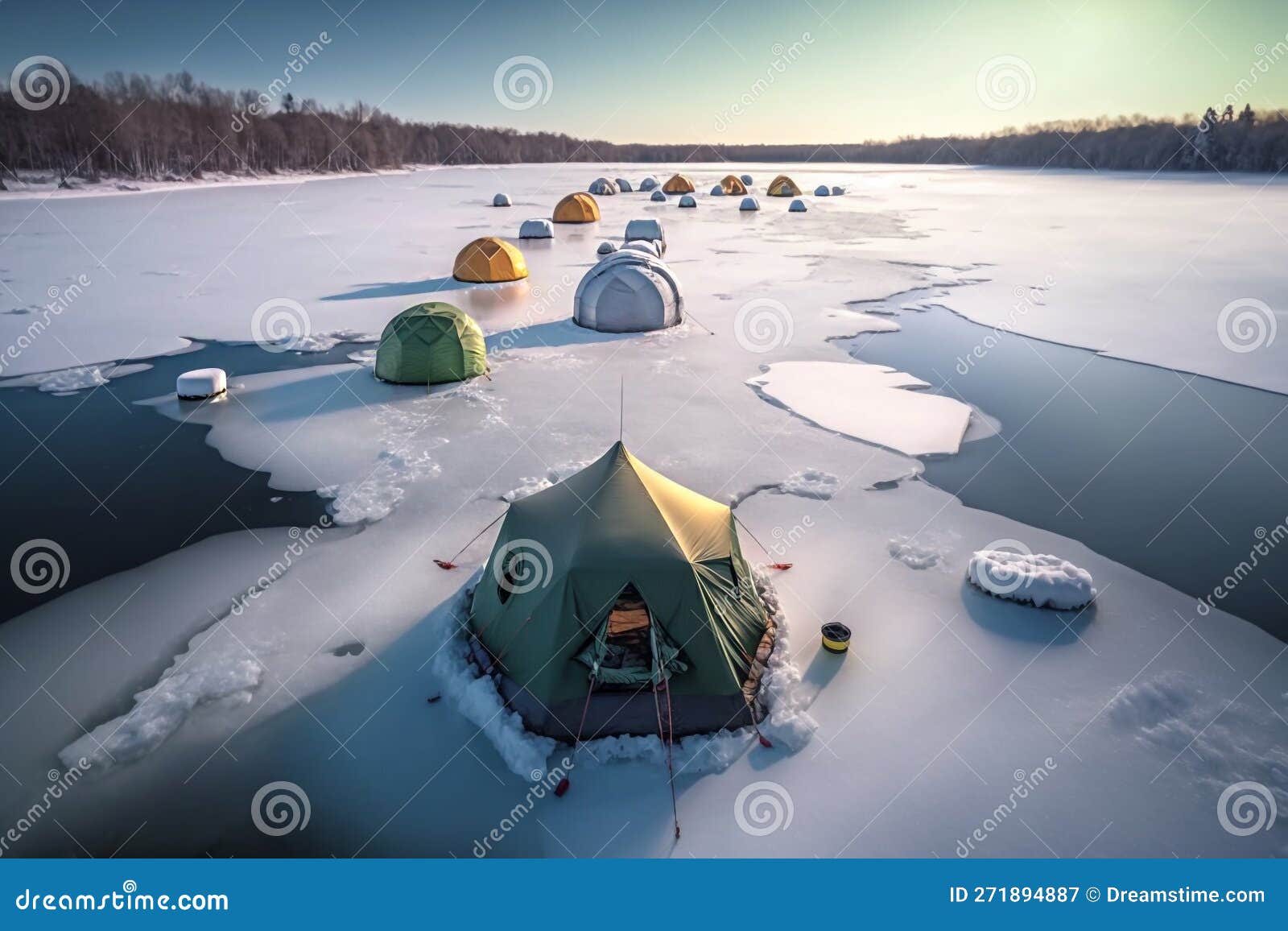 Winter Ice Fishing in Tents Generative AI Stock Illustration
