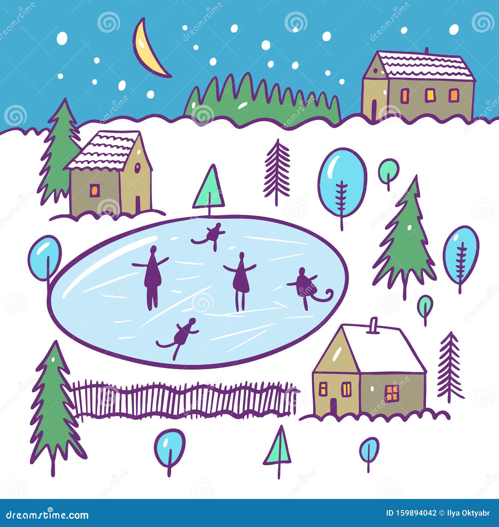 Winter Ice-skating Rink and Houses on Landscape. Hand Drawn Vector Illustration. Cartoon Style Stock Vector - Illustration of poster, background: 159894042 Winter Ice-skating Rink and Houses on Landscape. Hand Drawn Vector Illustration. Cartoon Style Stock Vector - Illustration of poster, background: 159894042