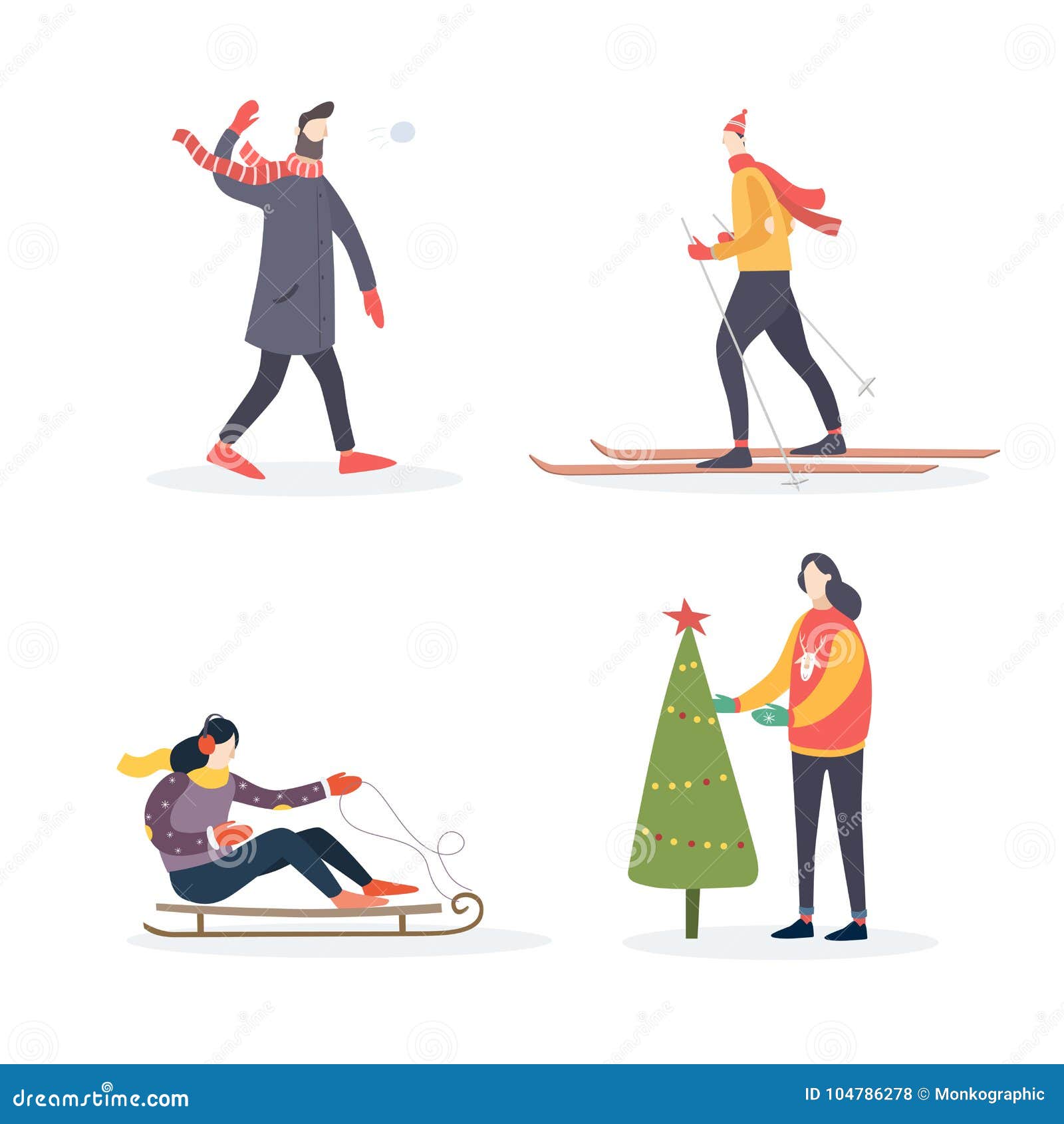 winter  peoples: man in scarf plays snowballs, skier, girl on sledding, woman decorates christmas tree.