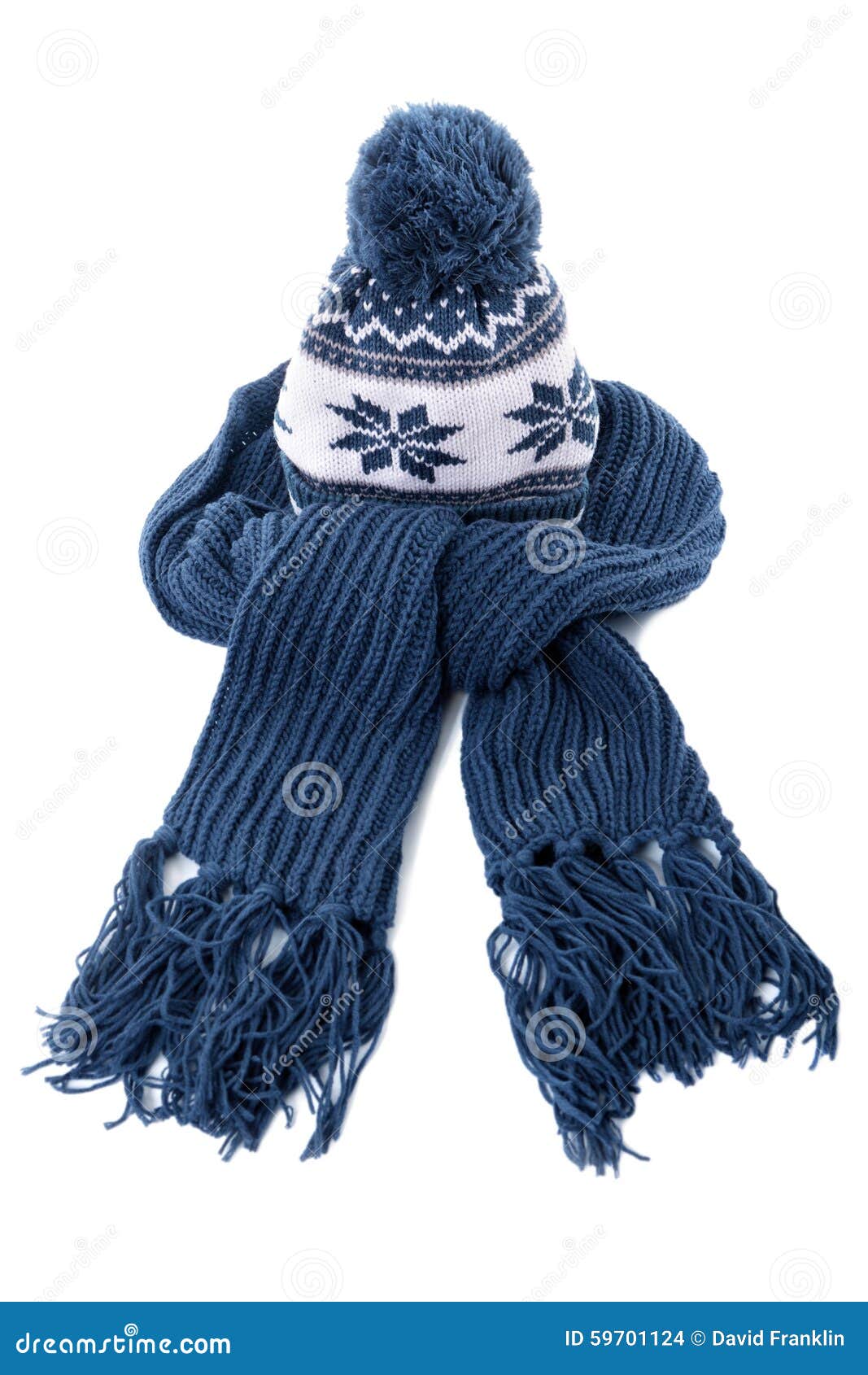 Winter Knitted Hat and Scarf, Blue, Isolated on White Background Stock