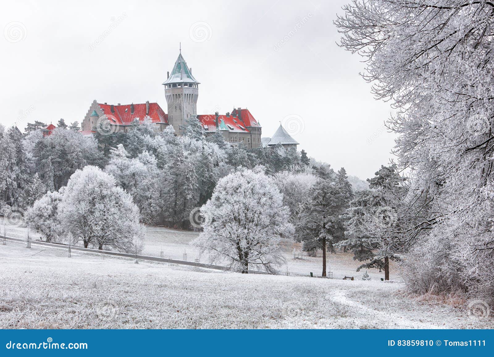 winter landcape with castle smolenice, slovakia