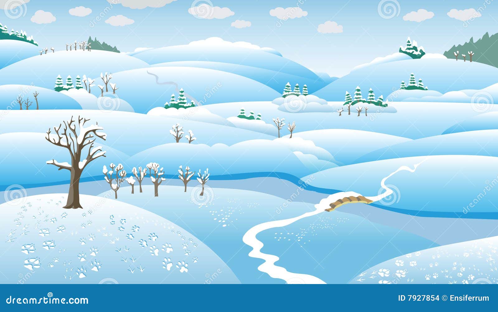 Winter Landscape, cartoon stock vector. Illustration of bridge - 7927854