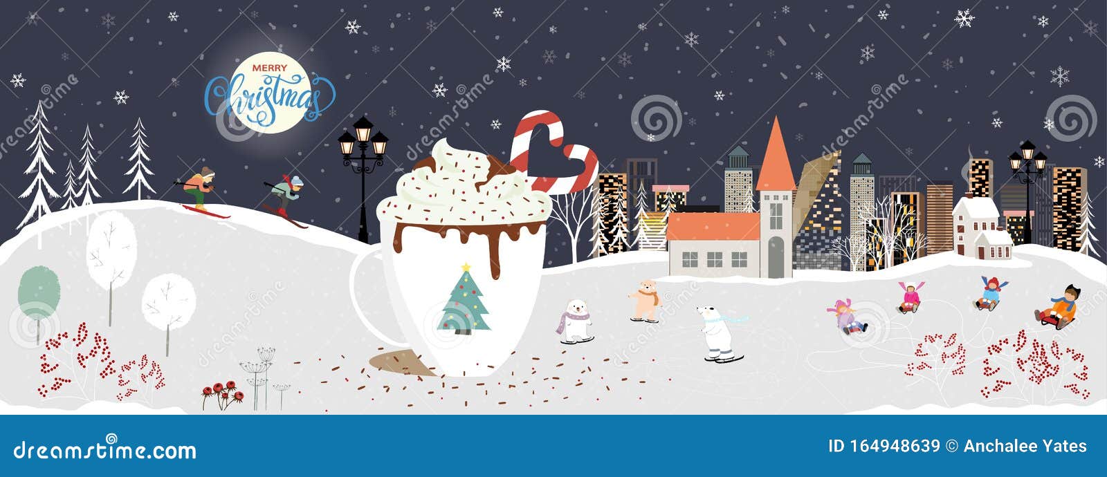 Winter Landscape with Christmas and New Year Celebrated in the City,Cute Winter  Wonderland in the Town with with Big Mug of Hot Stock Vector - Illustration  of panorama, cane: 164948639