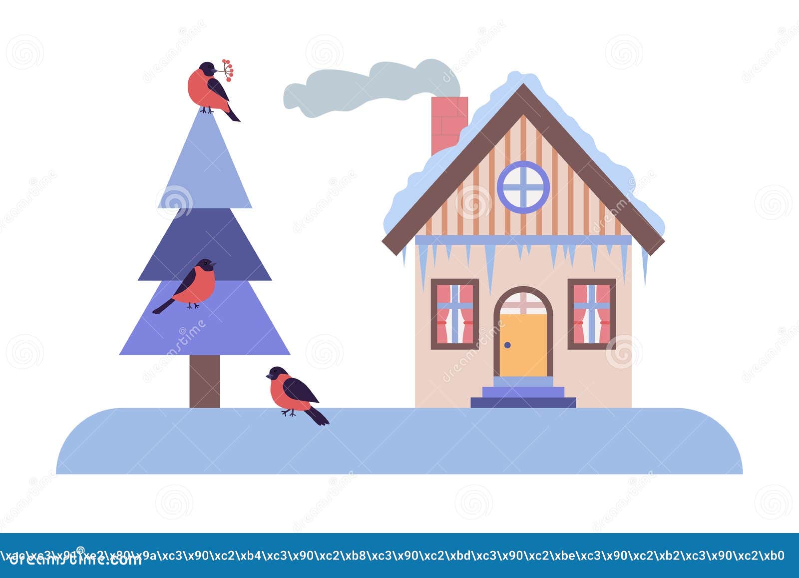 Winter Landscape with a House and a Christmas Tree in the Yard Stock