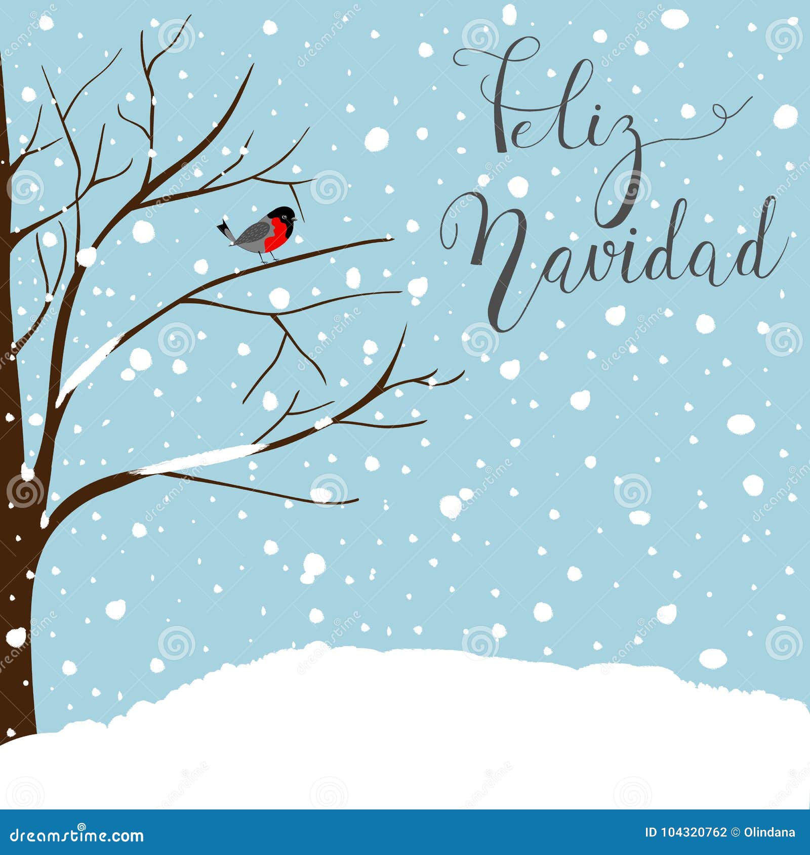 winter landscape scene. new year greeting card. forest falling snow red capped robin bird sitting on tree. blue sky.feliz navida d