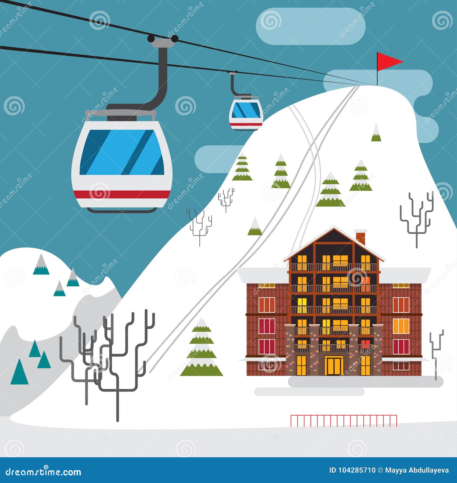 Winter Landscape with Ski Resort, Ski Funicular and Hotels. Stock ...