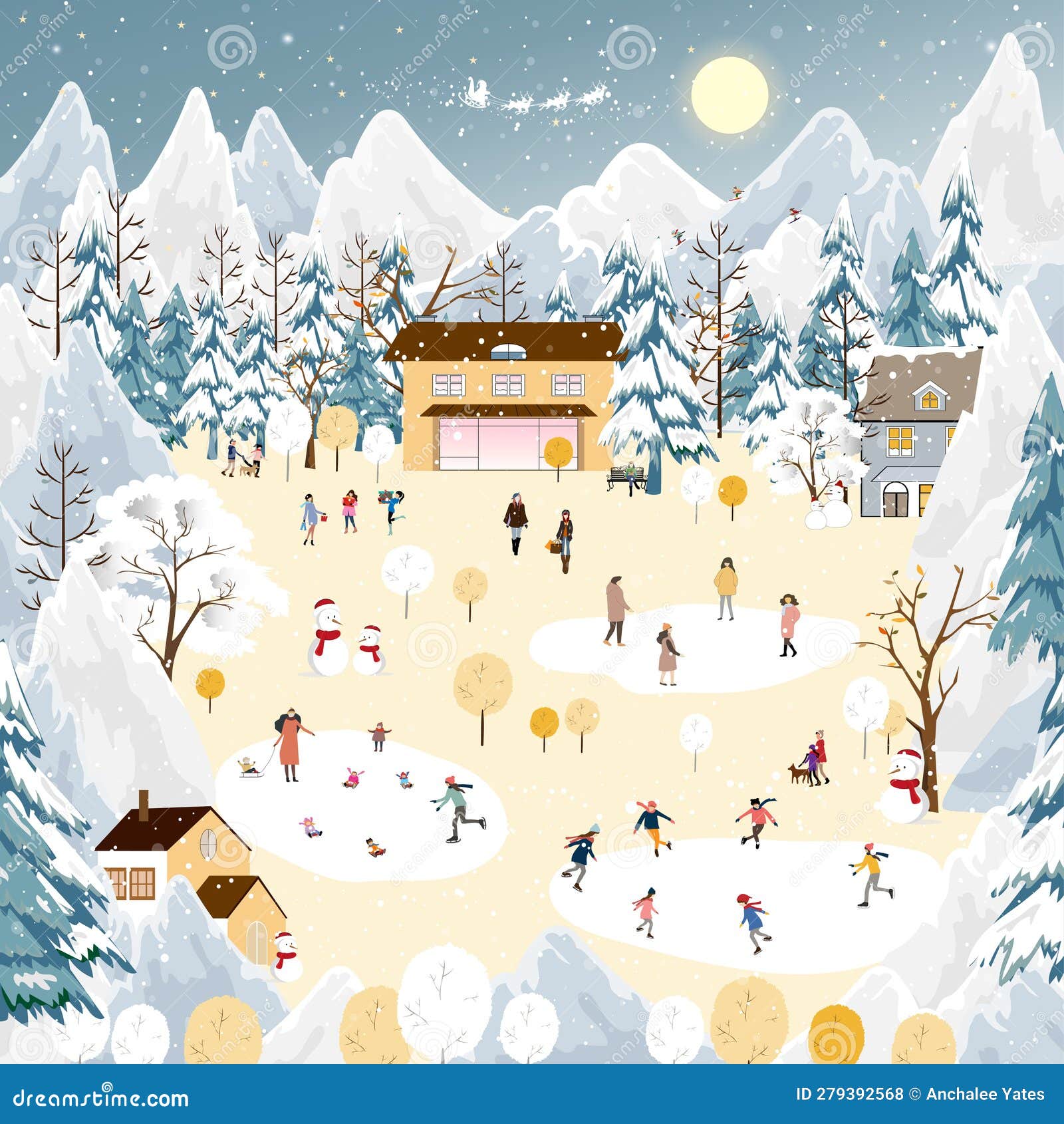 Winter Landscape with Snow Fallingon Christmas Night in Village,Vector  Banner Cute Winter Wonderland in the Town with Happy People Stock  Illustration - Illustration of season, holiday: 279392568