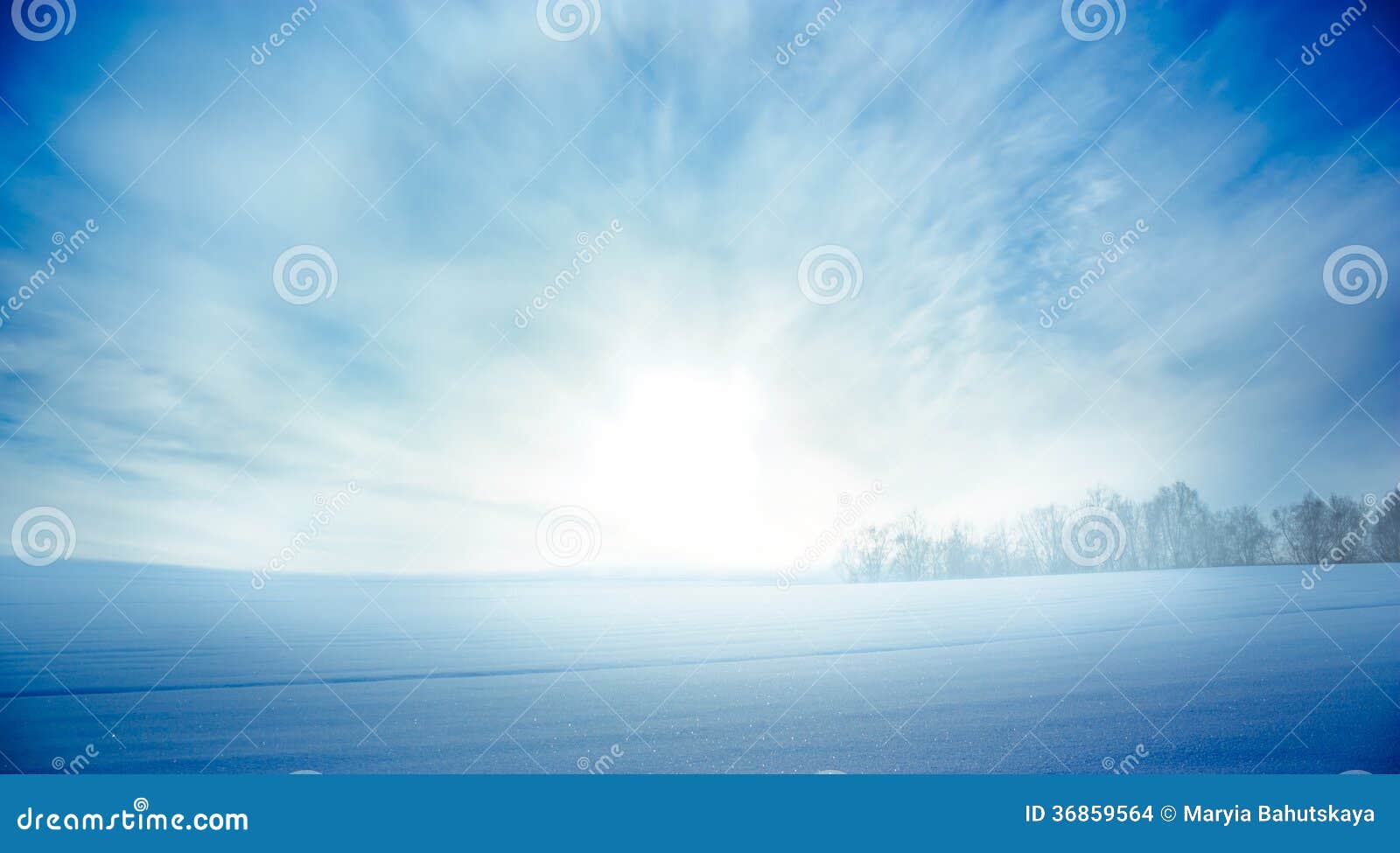 Winter Landscape with Snowy Field and Rising Sun