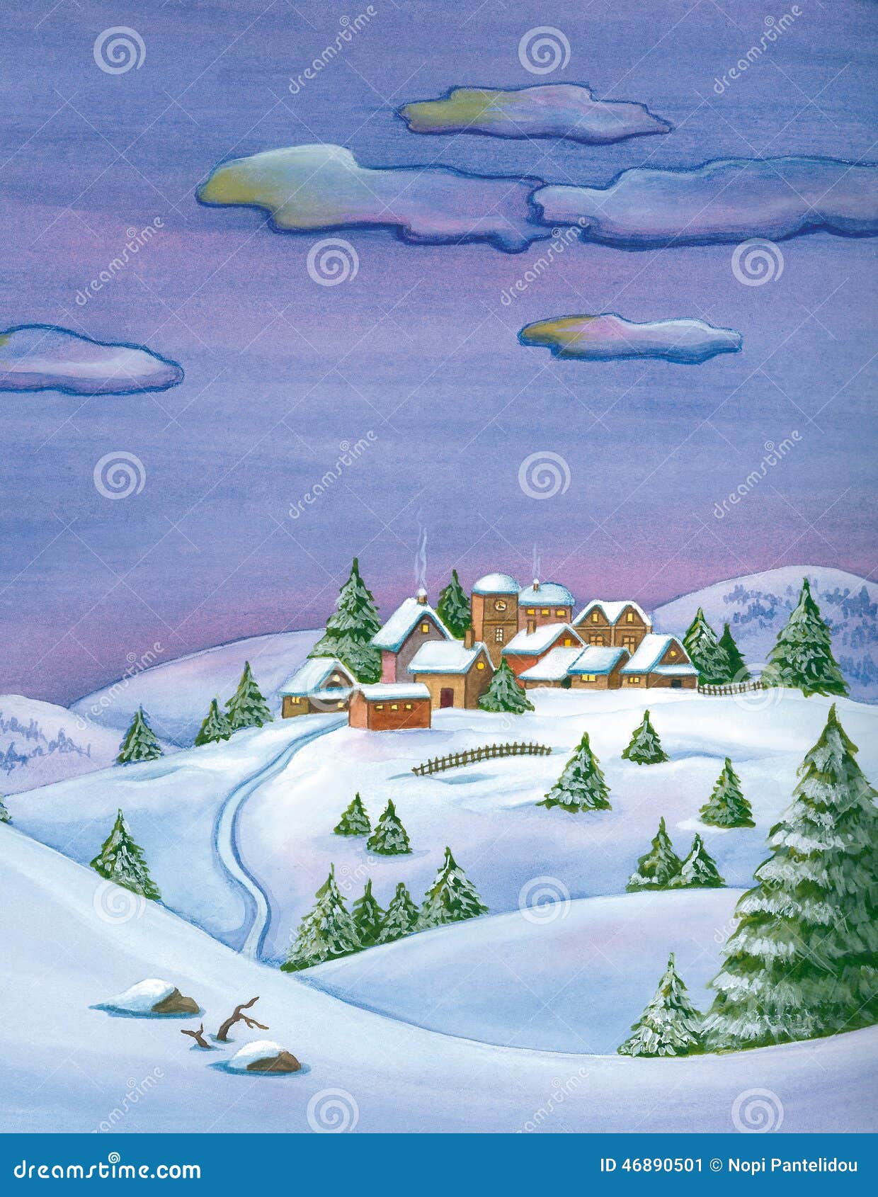 Watercolor winter landscape. Rural houses on a snowy hill. Christmas time.