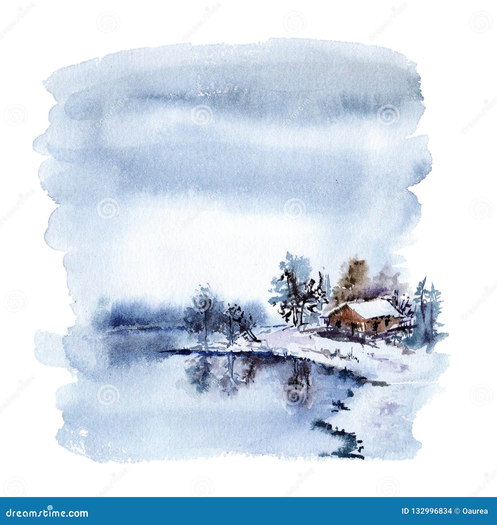 Winter Landscape. Watercolor Winter Painting. Christmas Greeting Card. Stock Illustration - Illustration Of Vintage, Invitation: 132996834