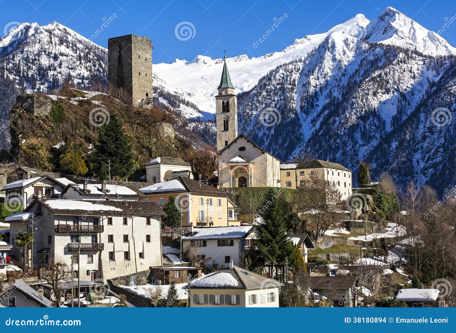 winter lanscape view of santa maria in calanca town, switzerland