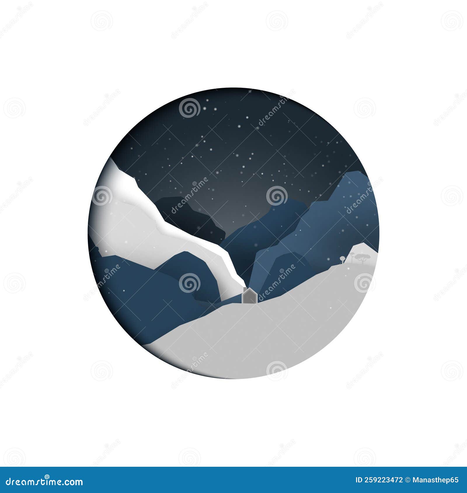 winter mountain landscape in circle frame.merry christmas and happy new year concept.paper art  