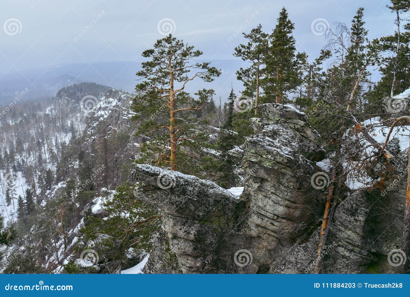 Winter Mountain Landscape Snowy Rocks And Cliffs Russia Ural Stock