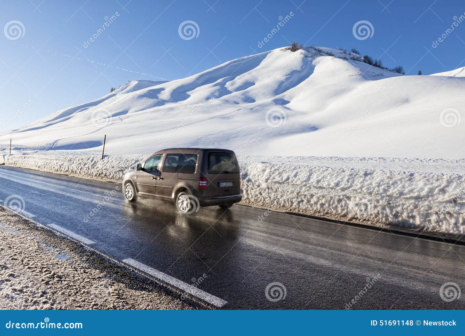 winter moutain scenery, alpine road in austrian, car speeding