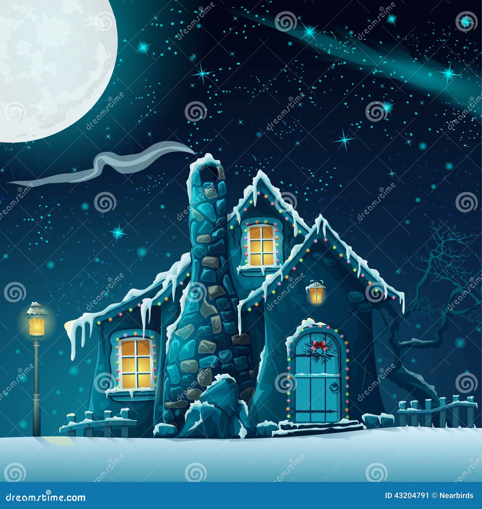 winter night with a fabulous house and lantern