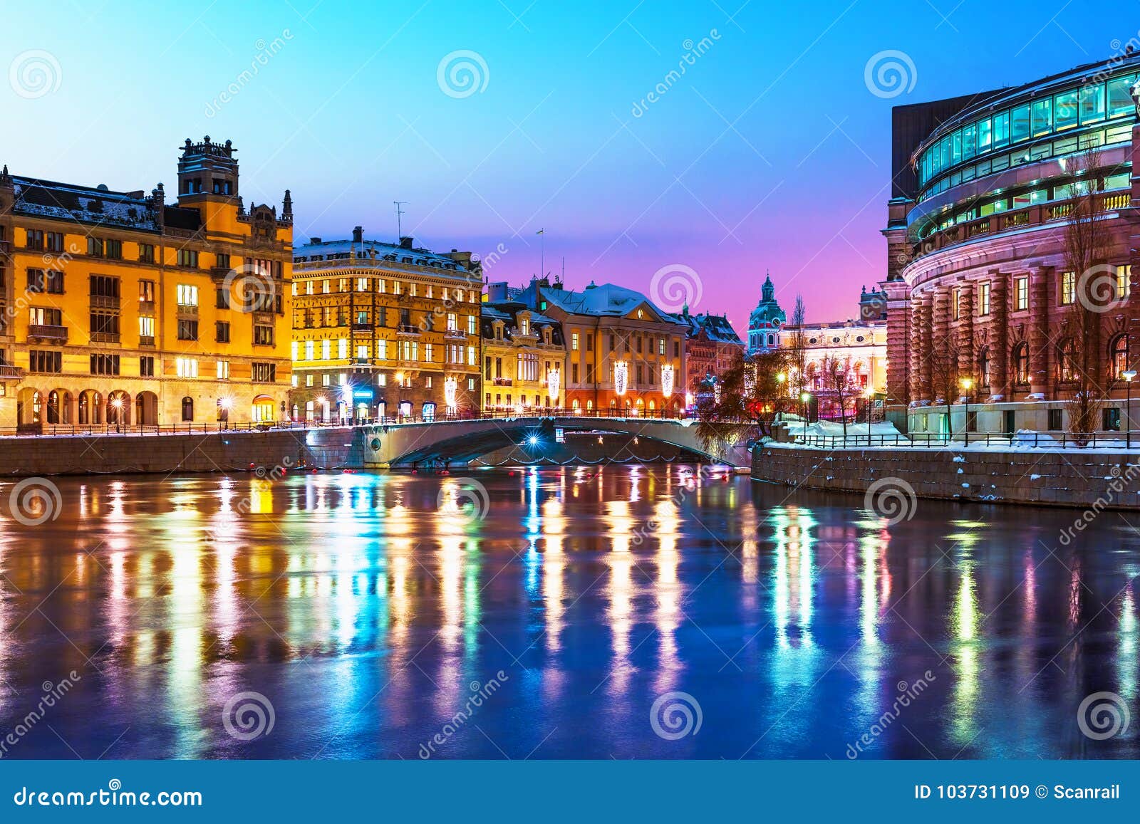 winter night scenery of stockholm, sweden