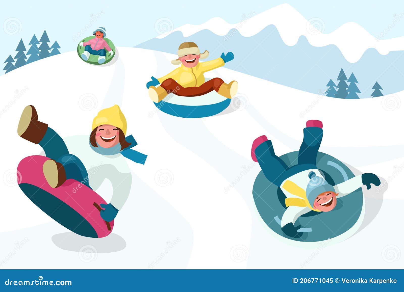 cheerful boys and girls slide down the hill on snow tubing