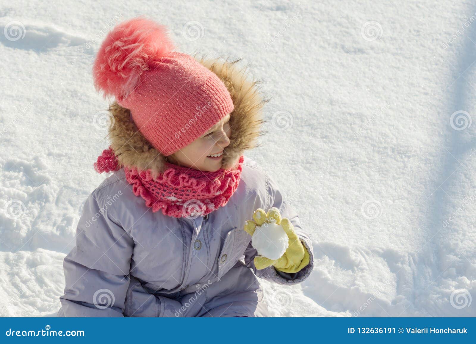 Winter Outdoor Portrait of Child Girl Smiling and Playing with Snow ...