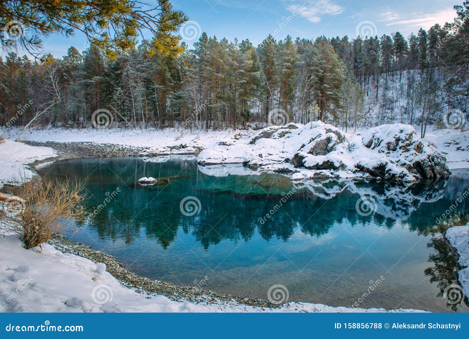 Winter Panorama Small Turquoise Lake In The Mountains Among Snow