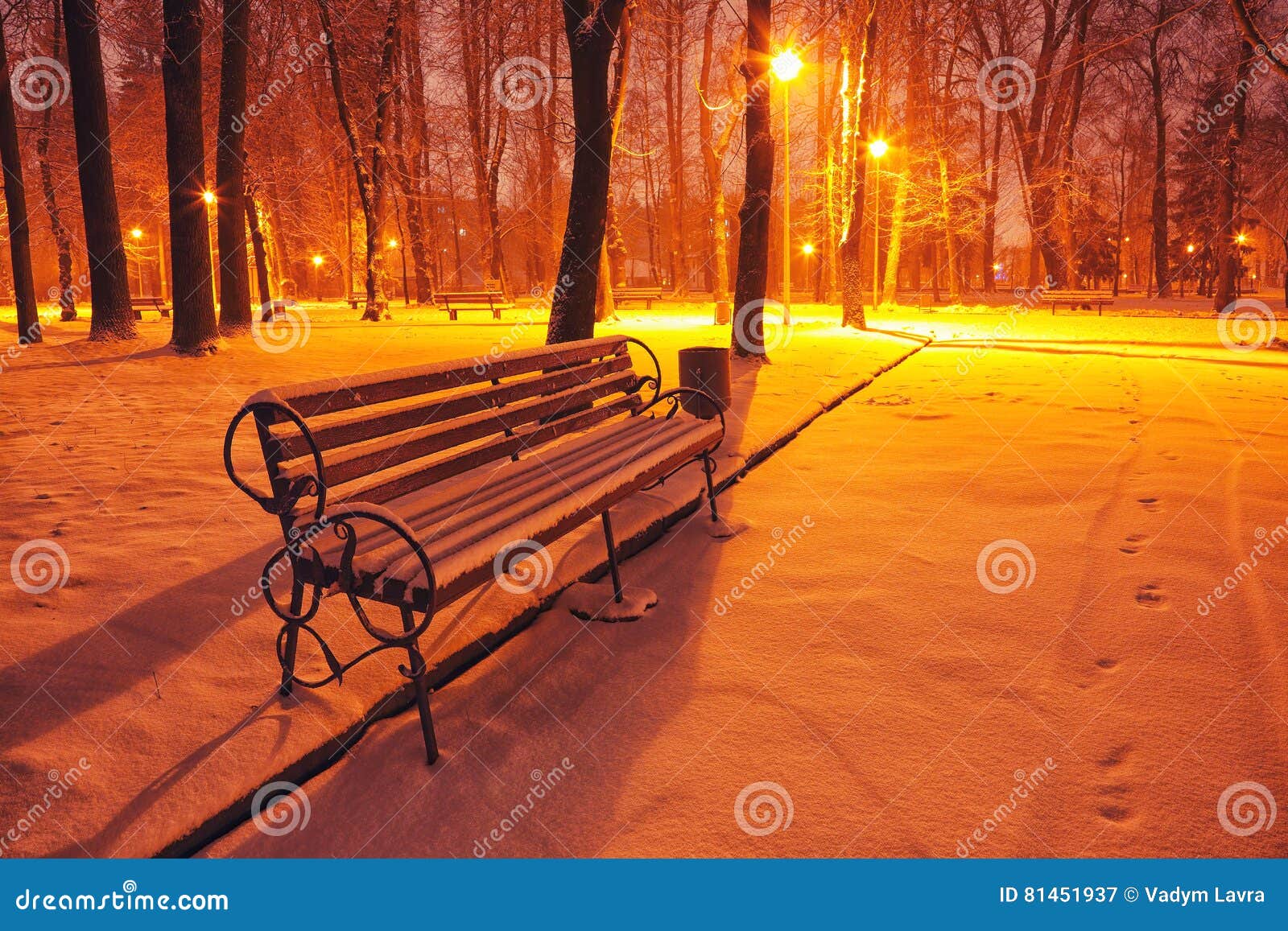 Winter Park with Benches Covered with Snow in the Evening Stock Image
