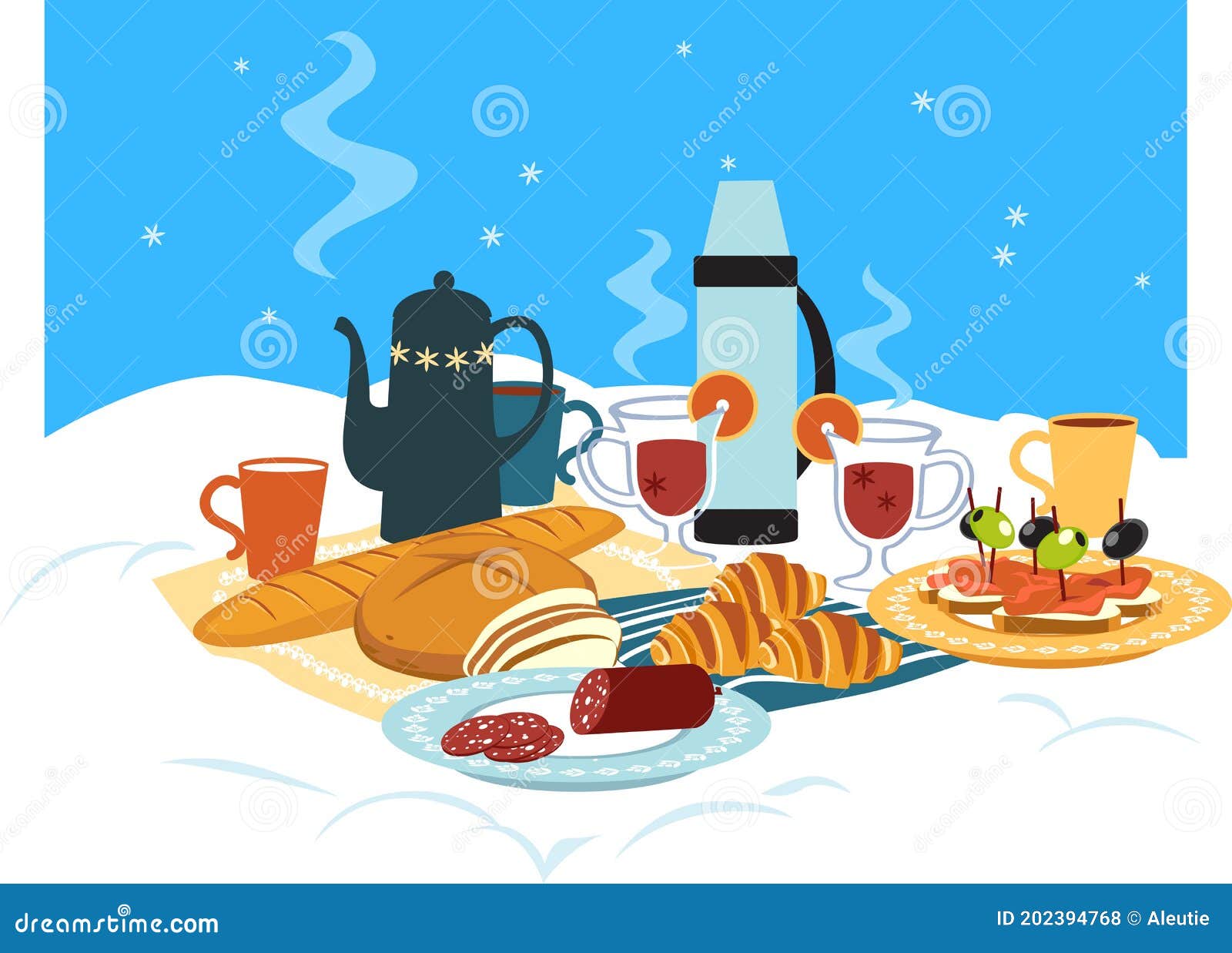Winter picnic in snow stock vector. Illustration of snacks - 202394768