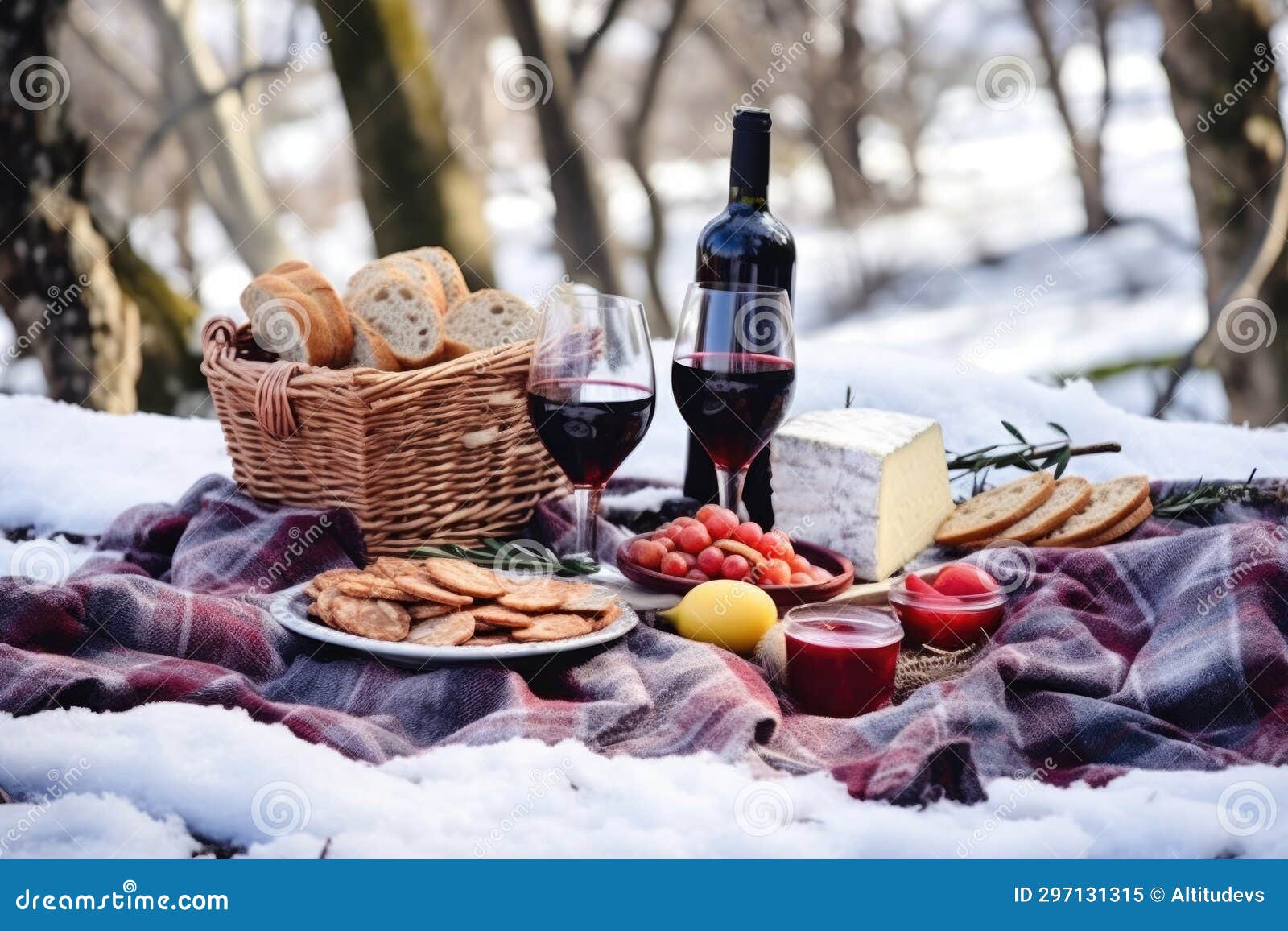 Winter Picnic Setup with Wine and Cheese Stock Image Image of dining
