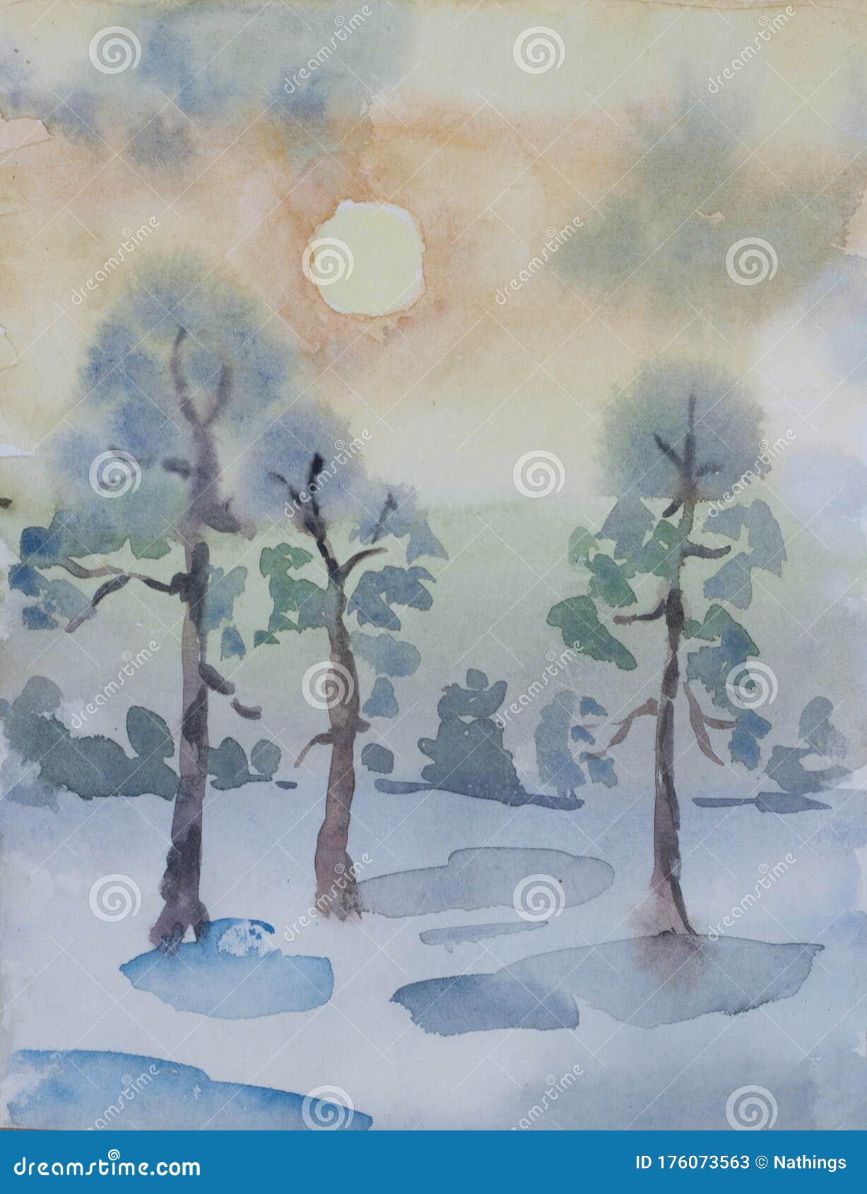 Winter forest stream watercolor painting Digital by Kateryna