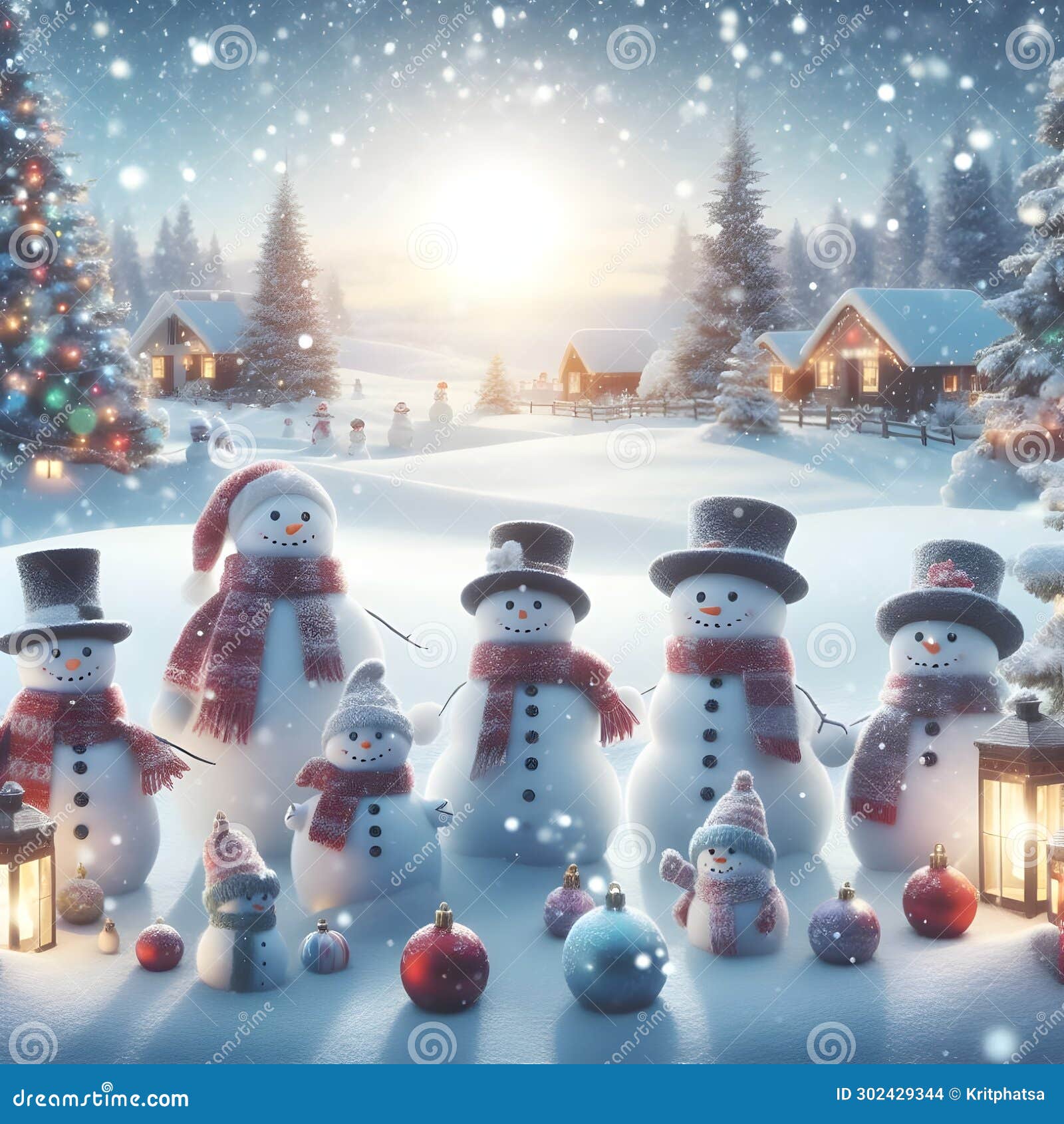 many snowmen stand tall, creating a charming christmas scene in the snowy landscape. generative ai for s