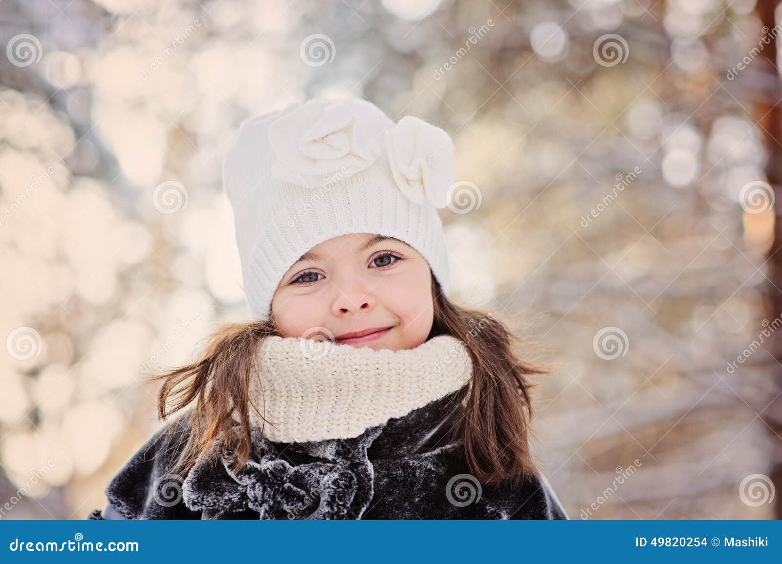 Winter Portrait of Beautiful Smiling Child Girl in White Hat Stock ...