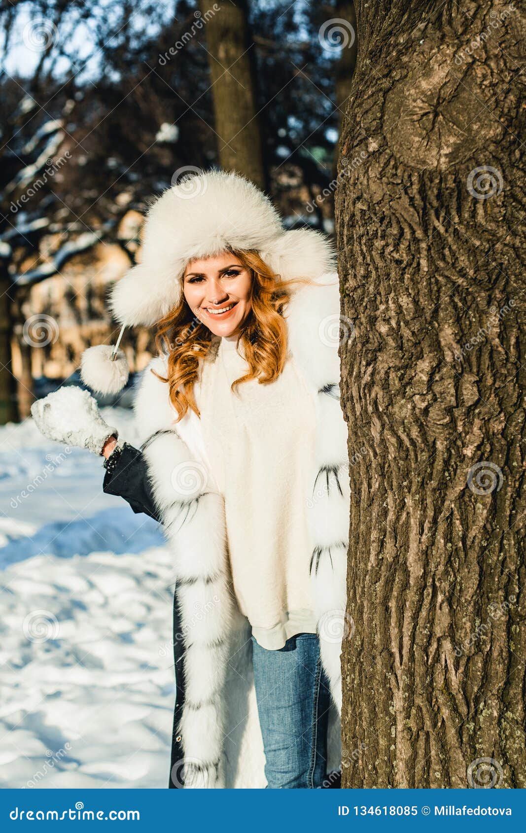 Winter Portrait of Happy Woman with Snowball Outdoor Stock Image ...