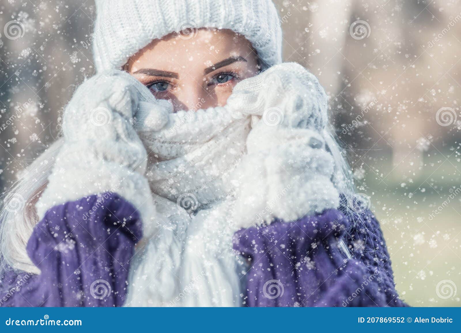 Winter Portrait of Young Beautiful Woman Freezing and Covering Her Face ...