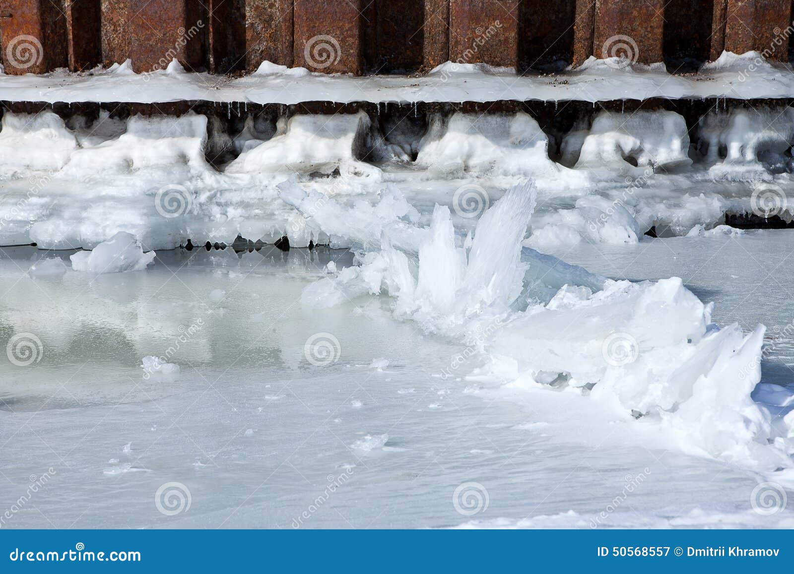 Winter River Mooring with Ice and Snow Melt Water Stock Image Image
