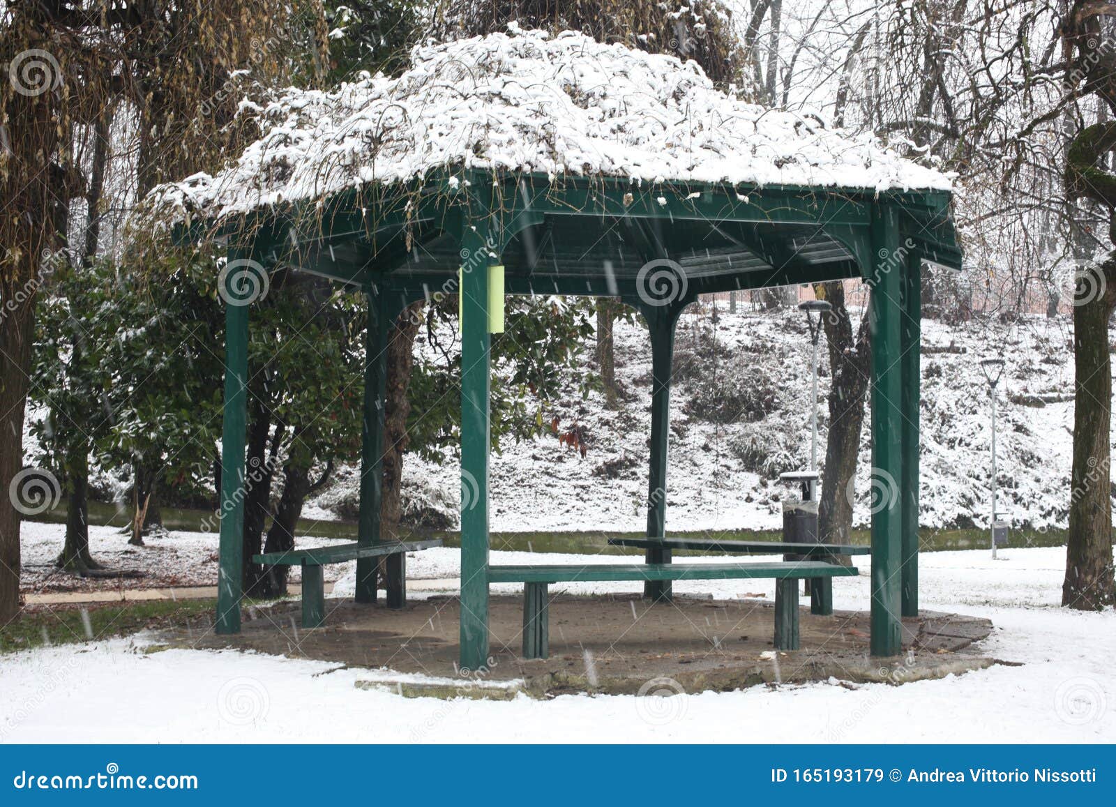 Winter Scene in a Park a Gazebo Covered of Snow Stock Image Image of