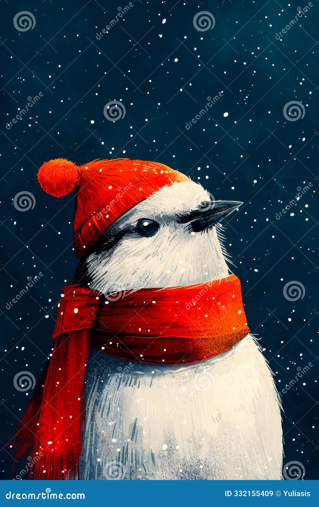 winter scene with playful bird wearing a cozy red hat and scarf, against a snowy backdrop.