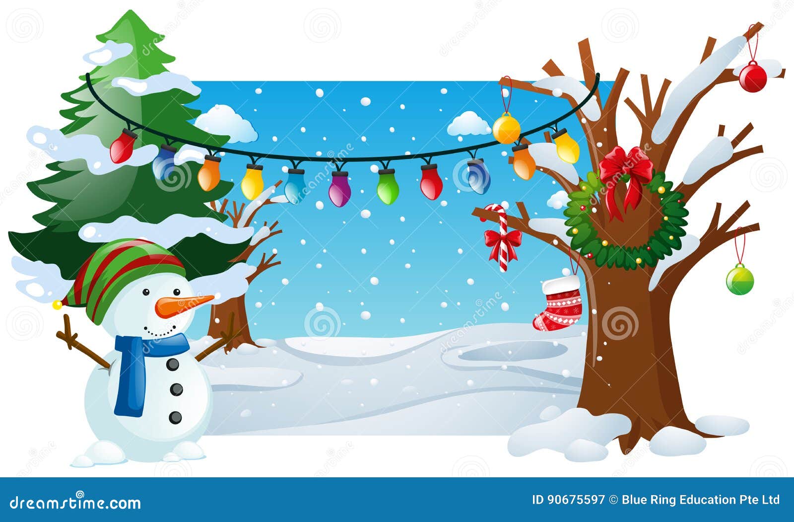 Download Winter Scene With Snowman And Lights Stock Vector ...