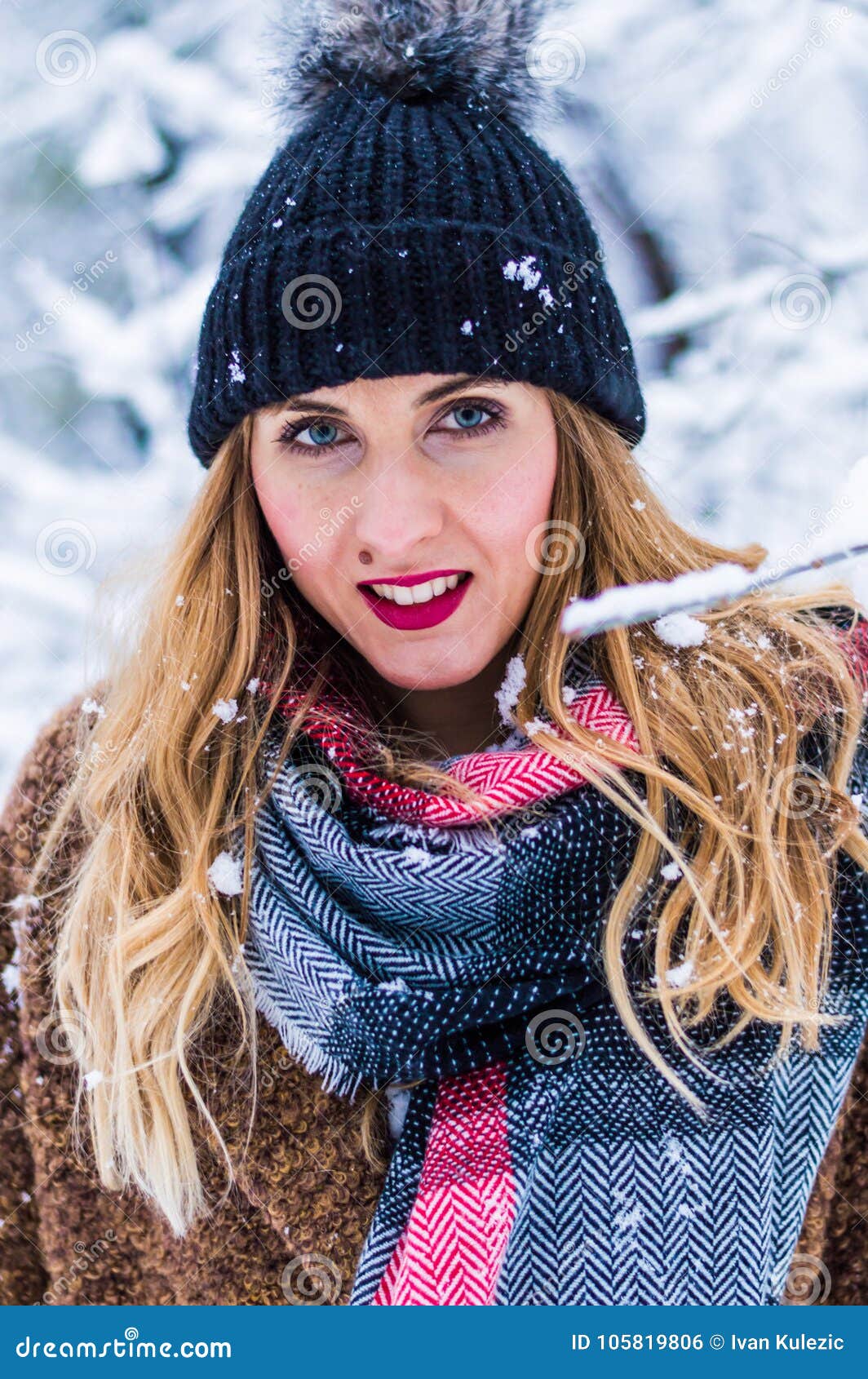 Beautiful Blonde Girl Walking through Winter Forest Stock Photo - Image ...