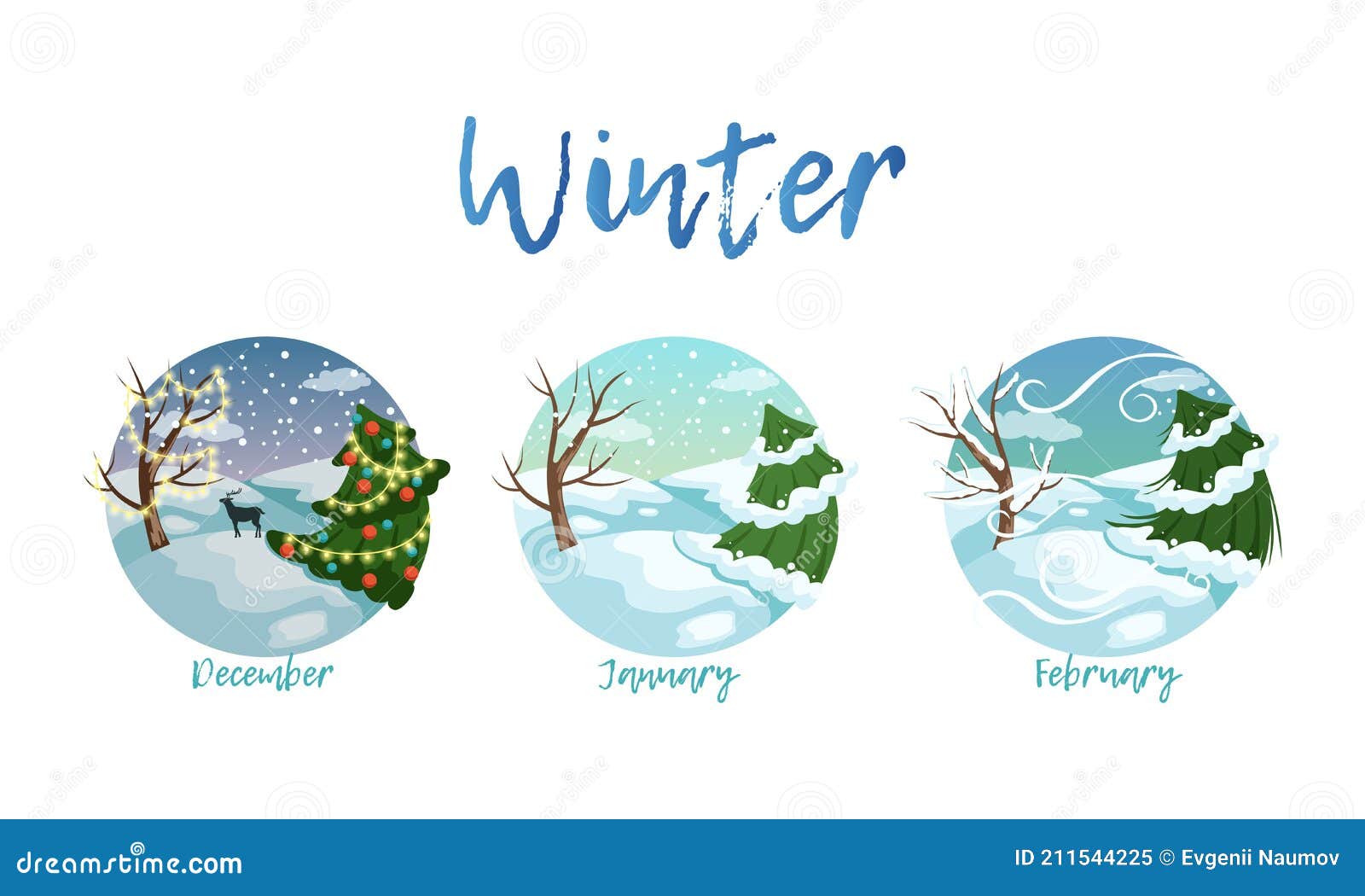 Winter Season Nature Landscape Set, December, January, February ...
