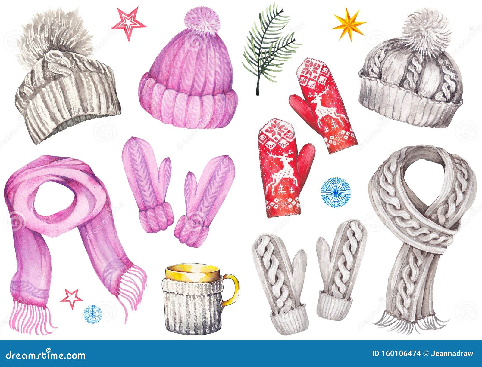 winter set of knitted hats, scarfs, mittens, coffee mug, fir branch, stars and snowflakes.