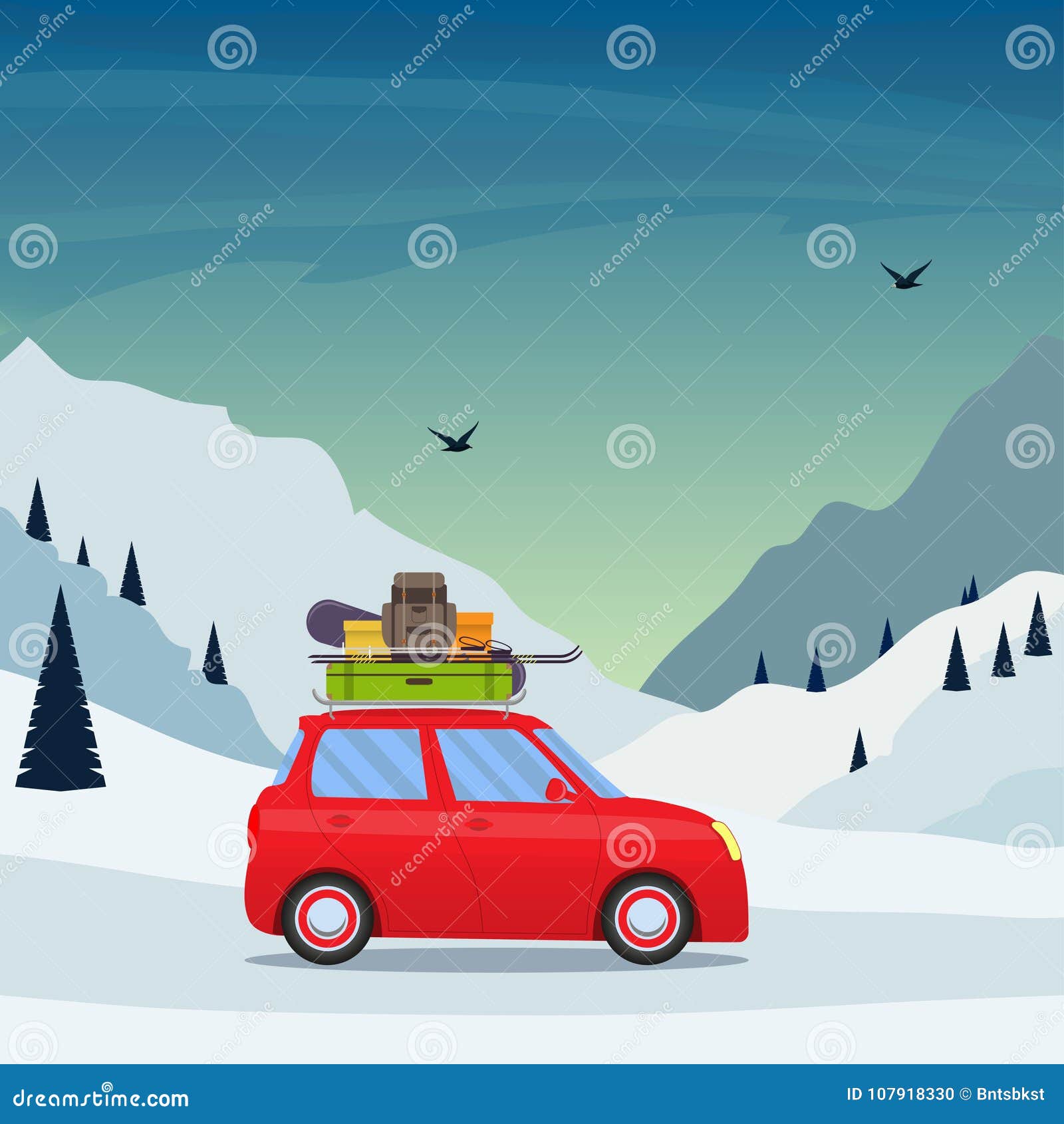 Winter Skiing Holiday Trip To Mountains. Cute Small Car with Ski and  Snowboard, Backpack and Suitcase on the Roof Stock Illustration -  Illustration of banner, roof: 107918330