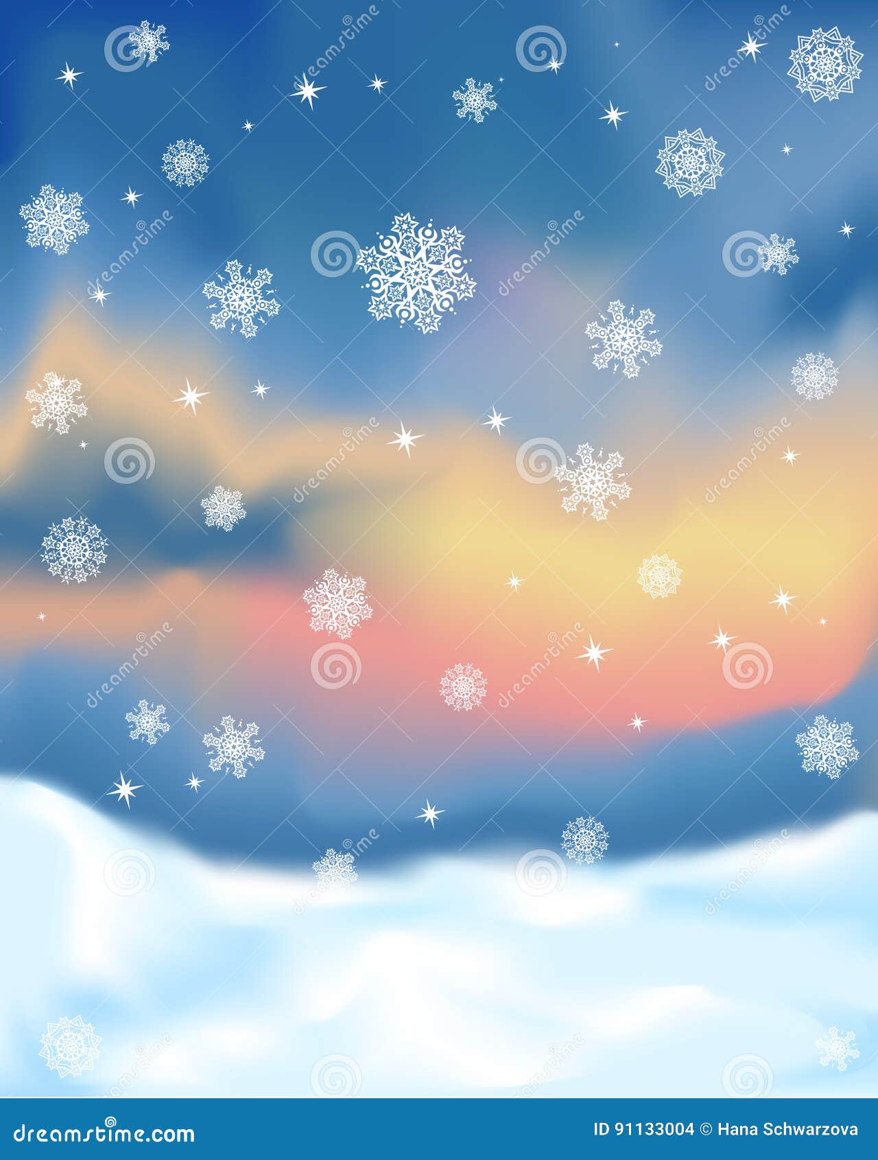 Winter Snowy Landscape Sunset With Falling Snowflake Vector Stock