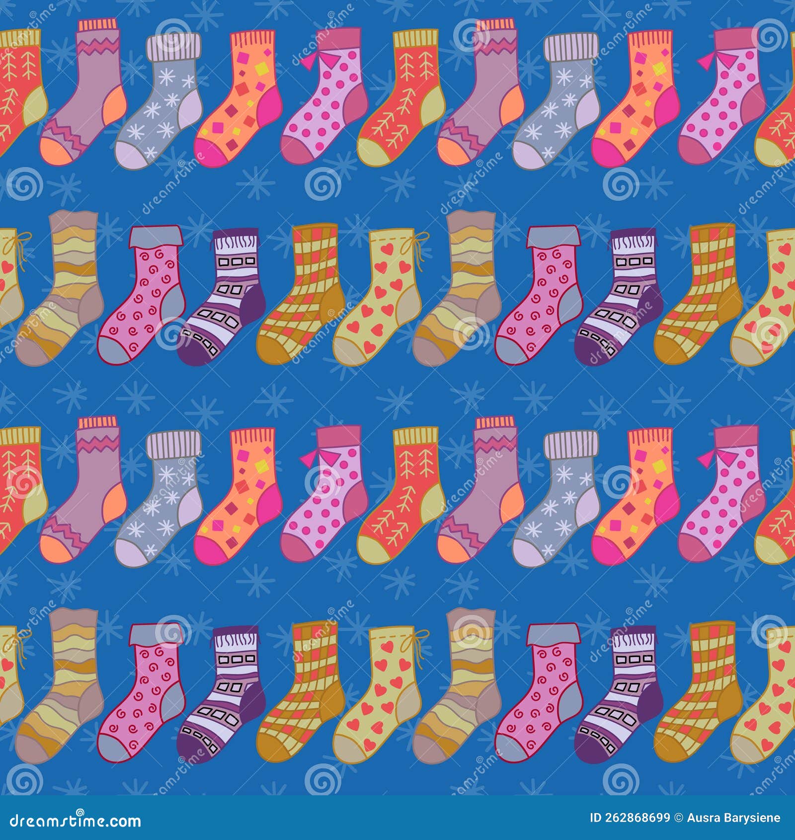 Winter Socks Seamless Pattern on Blue Background. Different Texture and